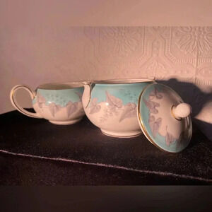 Wedgwood Bone China Buxton Turquoise with Gold Rim Creamer and Sugar Set